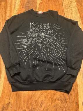 Vintage 80s Pink Elephant Ltd. Black Cat Silver Glitter Raglan cat lady kitsch